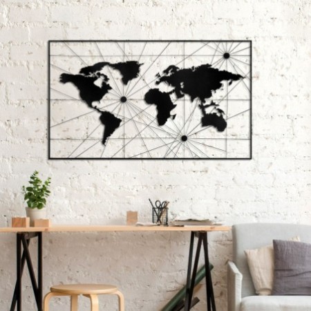 Decoración pared de metal World Map 16 negro 120x70 cm