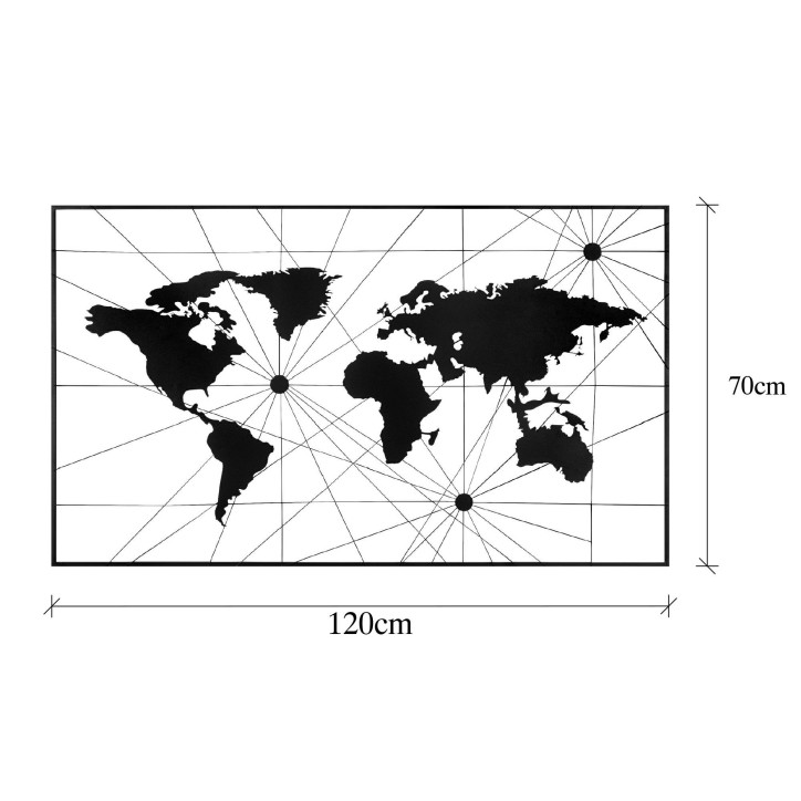 Decoración pared de metal World Map 16 negro 120x70 cm