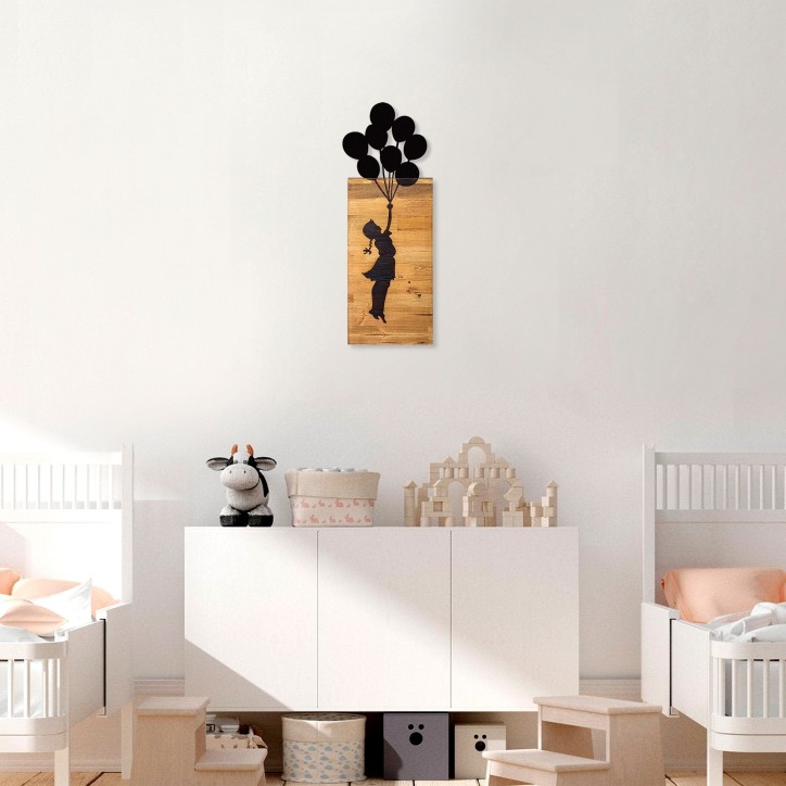 Decoración pared de madera Chıld And Balloons negro 30x86x3 cm