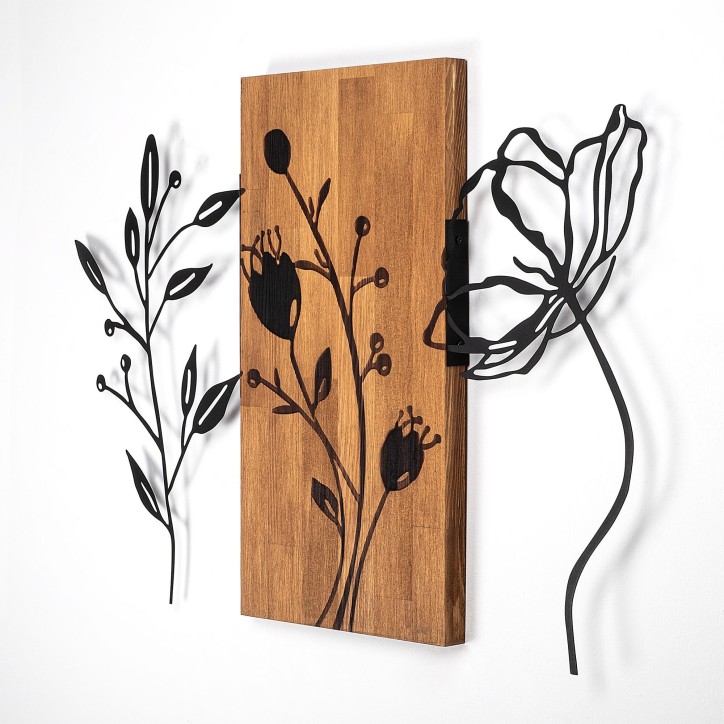 Decoración pared de madera Triple Flowers-383 nogal negro 86x58 cm