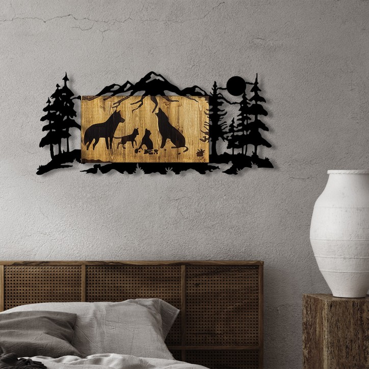 Decoración pared de madera Wolf Family nogal negro 108x3x47 cm