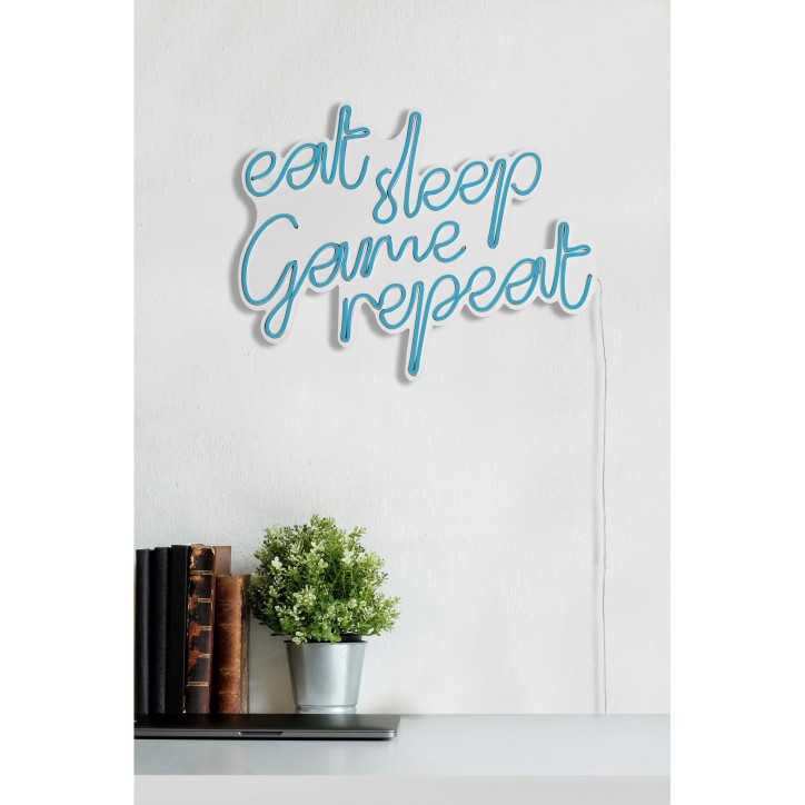 Iluminación LED decorativa de plástico eat sleep game repeat azul 51x40x2 cm