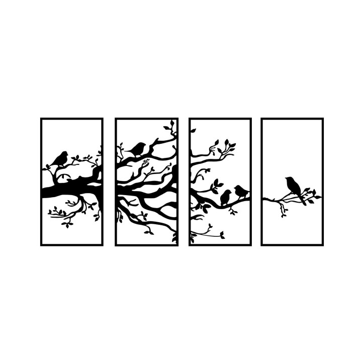 Decoración pared de metal Tree Branch And Birds-269 negro 34x70 cm (4 piezas)