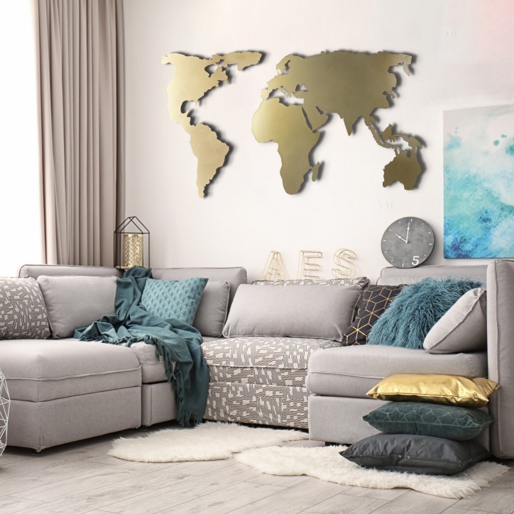 Decoración pared de metal World Map Silhouette XL oro 85x170 cm