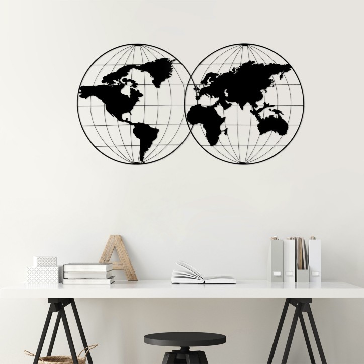 Decoración pared de metal World Map 18 negro 113x60 cm