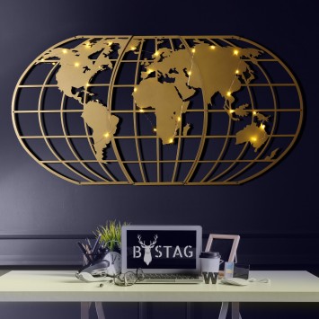 Decoración pared de metal World Map Globe Led oro 60x120 cm