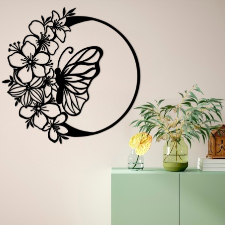 Decoración pared de metal Butterfly And Flower negro 69x1.5x68 cm