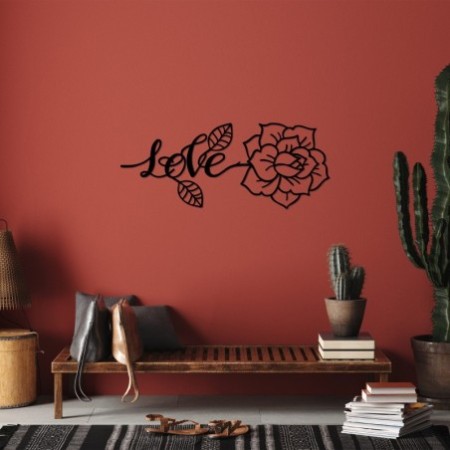 Decoración pared de metal Love And Flower negro 80x33 cm