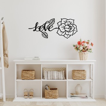 Decoración pared de metal Love And Flower negro 80x33 cm