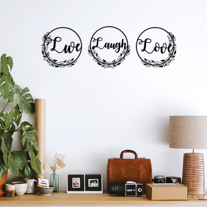 Decoración pared de metal Live Laugh Live negro 48x48 cm (3 piezas)