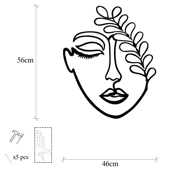 Decoración pared de metal Woman Face With The Branch negro 40x65 cm