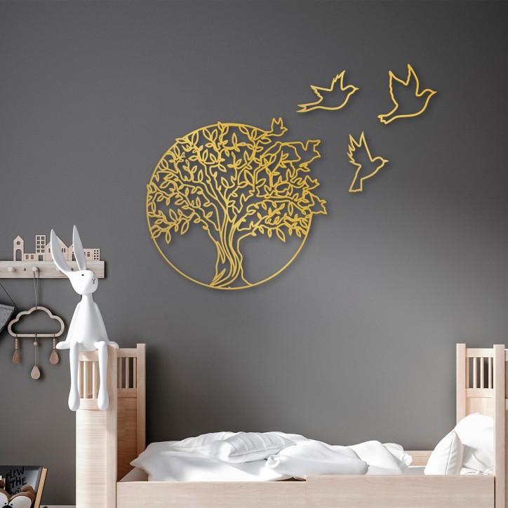 Decoración pared de metal Tree And Birds 4 oro 61x56 cm