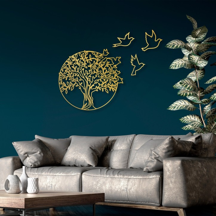 Decoración pared de metal Tree And Birds 4 oro 61x56 cm