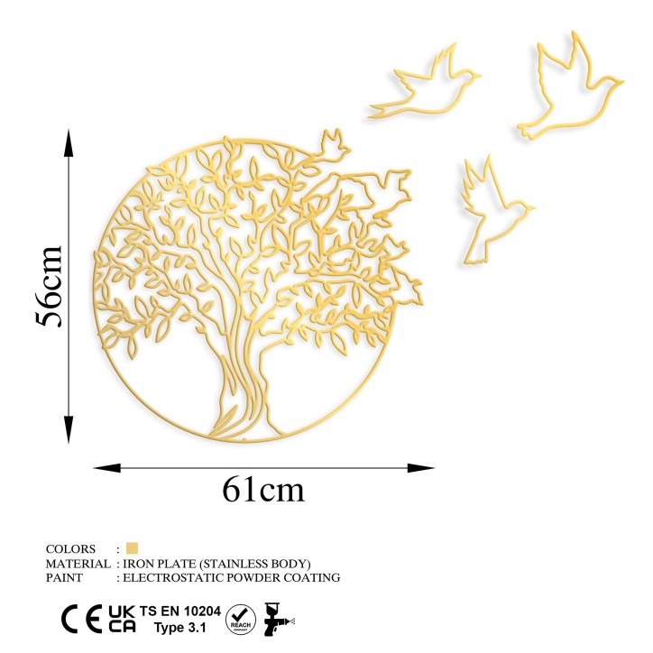 Decoración pared de metal Tree And Birds 4 oro 61x56 cm