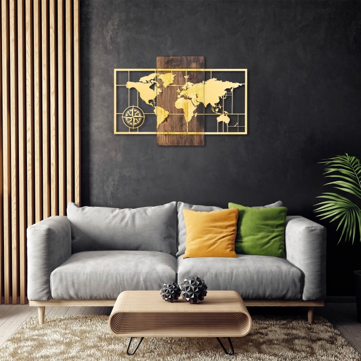 Decoración pared de madera World Map Wıth Compass oro nogal 85x58 cm