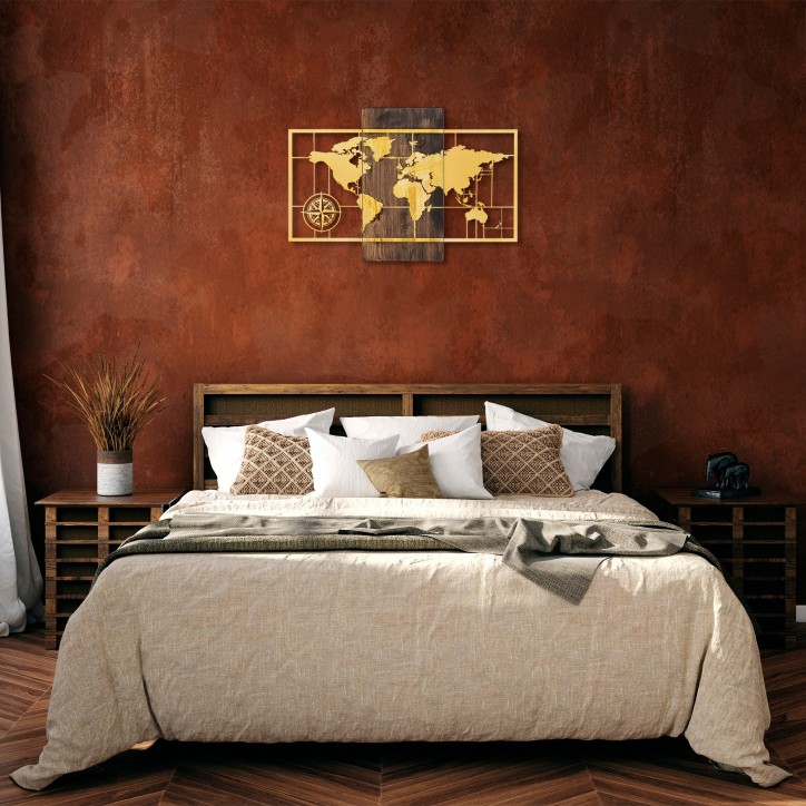 Decoración pared de madera World Map Wıth Compass oro nogal 85x58 cm