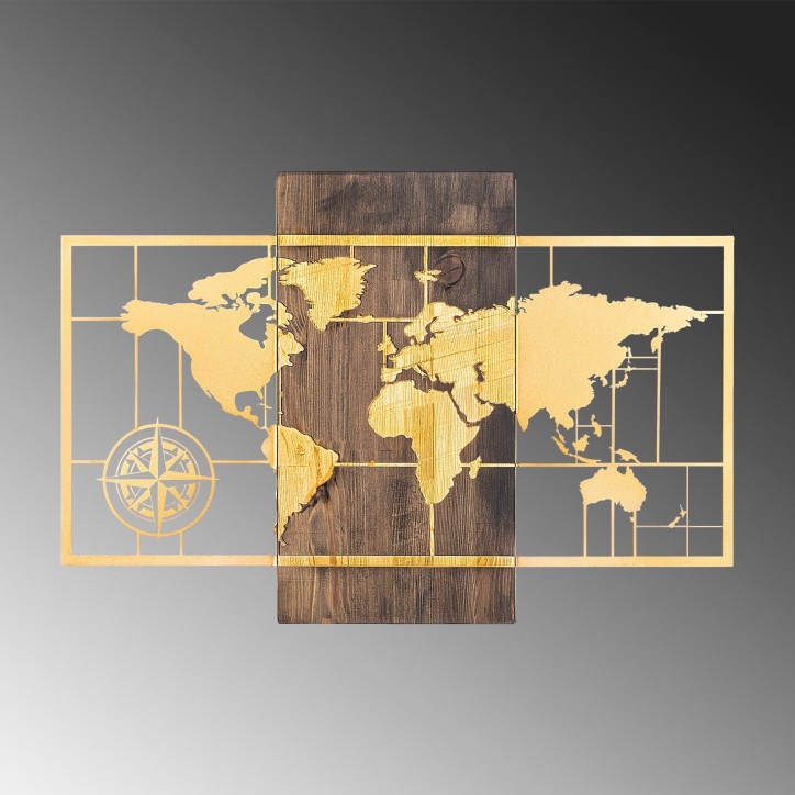 Decoración pared de madera World Map Wıth Compass oro nogal 85x58 cm