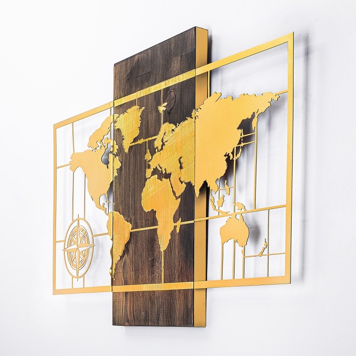 Decoración pared de madera World Map Wıth Compass oro nogal 85x58 cm