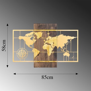 Decoración pared de madera World Map Wıth Compass oro nogal 85x58 cm