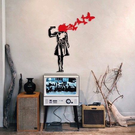 Decoración pared de metal Banksy-9 rojo negro 66x51 cm