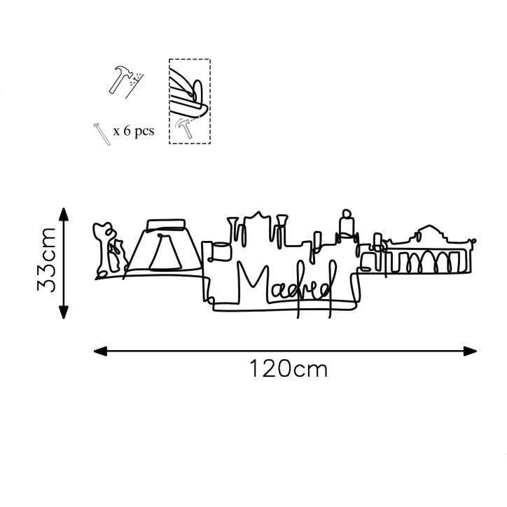 Decoración pared de metal Madrid negro 120x34x1.5 cm