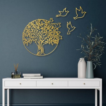 Decoración pared de metal Tree And Birds 4 oro 61x56 cm