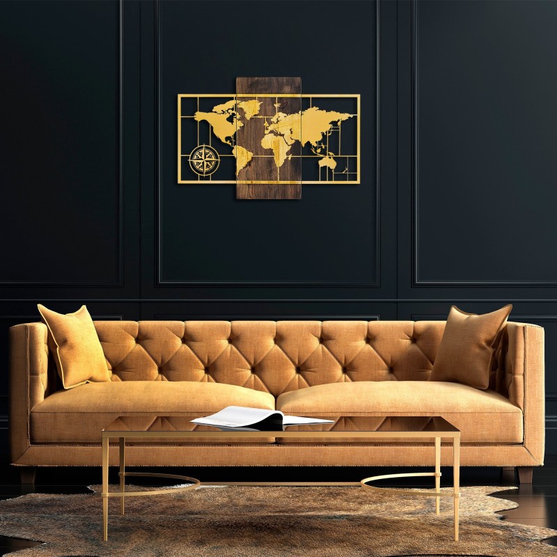 Decoración pared de madera World Map Wıth Compass oro nogal 85x58 cm