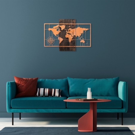 Decoración pared de madera World Map Wıth Compass nogal cobre 85x58 cm