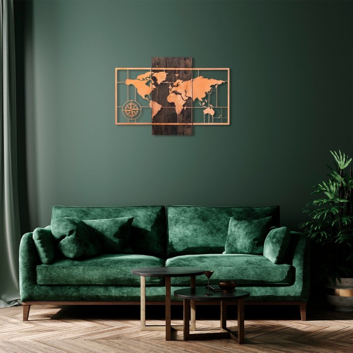 Decoración pared de madera World Map Wıth Compass nogal cobre 85x58 cm