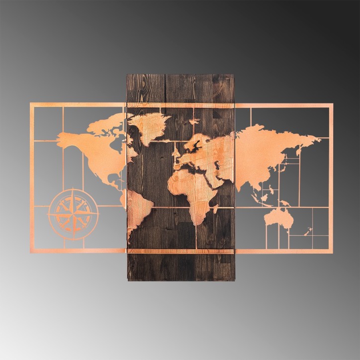 Decoración pared de madera World Map Wıth Compass nogal cobre 85x58 cm