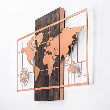 Decoración pared de madera World Map Wıth Compass nogal cobre 85x58 cm