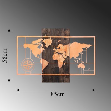 Decoración pared de madera World Map Wıth Compass nogal cobre 85x58 cm