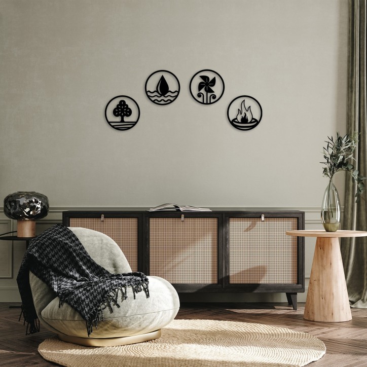 Decoración pared de metal 4 Elements-301 negro diámetro 26 cm (4 piezas)