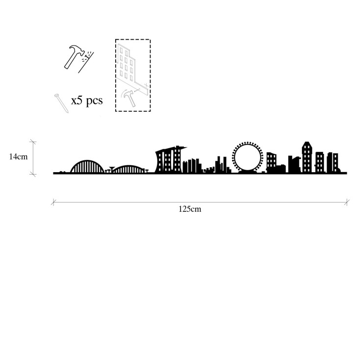 Decoración pared de metal Singapore Skyline negro 125x14 cm