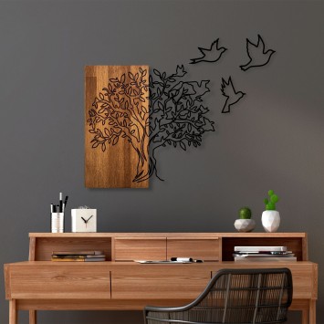 Decoración pared de madera Tree And Birds 1 nogal negro 61x58 cm