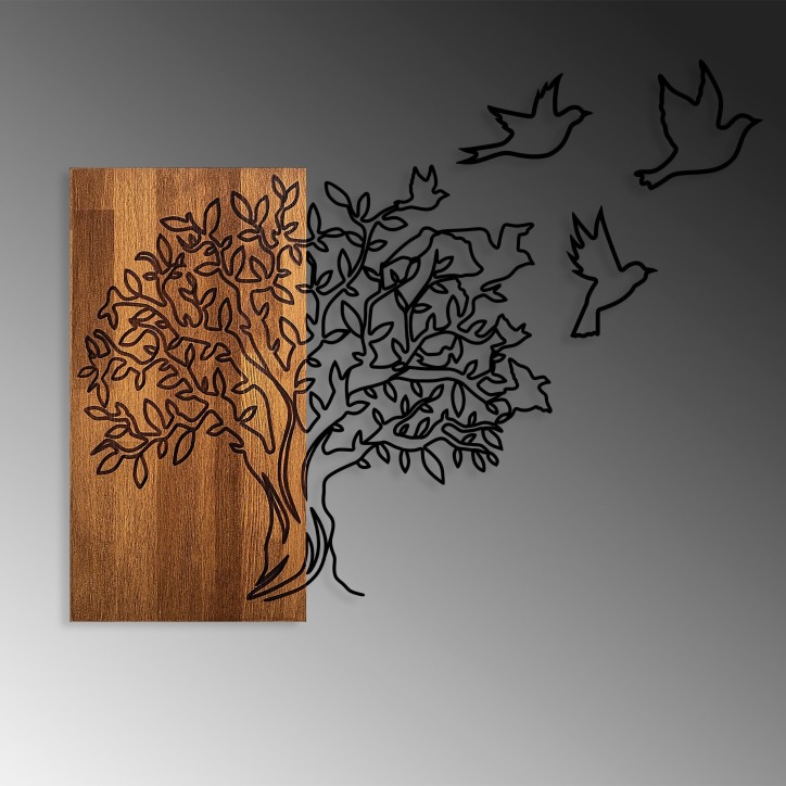 Decoración pared de madera Tree And Birds 1 nogal negro 61x58 cm