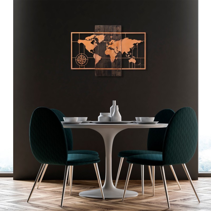 Decoración pared de madera World Map Wıth Compass nogal cobre 85x58 cm