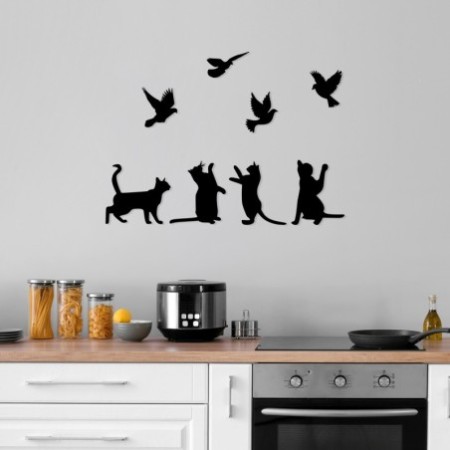 Decoración pared de metal Birds Playing With Cats negro 110x79 cm