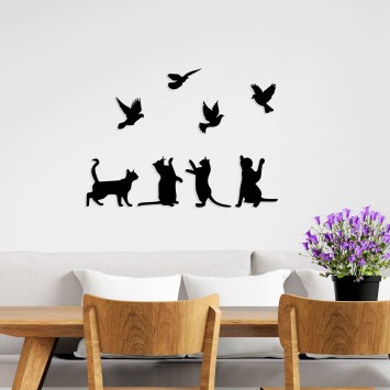 Decoración pared de metal Birds Playing With Cats negro 110x79 cm