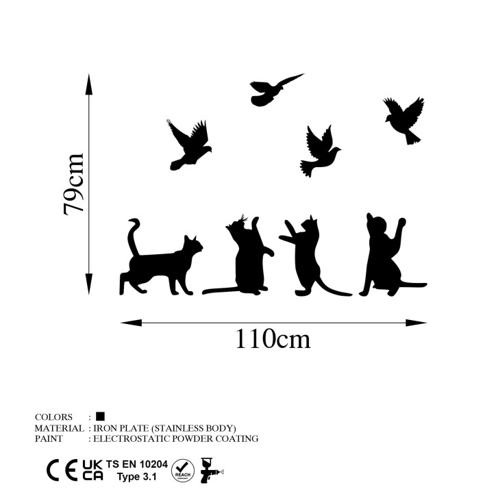 Decoración pared de metal Birds Playing With Cats negro 110x79 cm