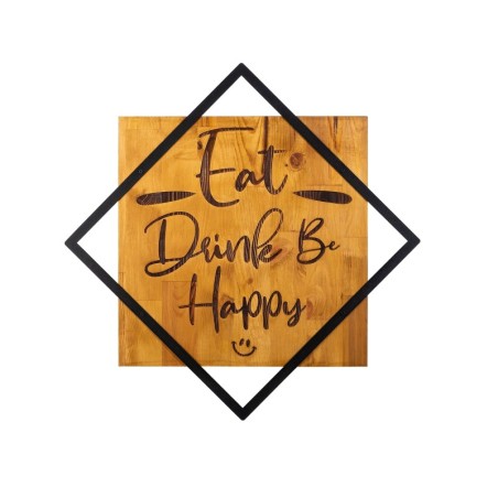 Decoración pared de madera Eat, Drink Be, Happy nogal negro 54x54 cm