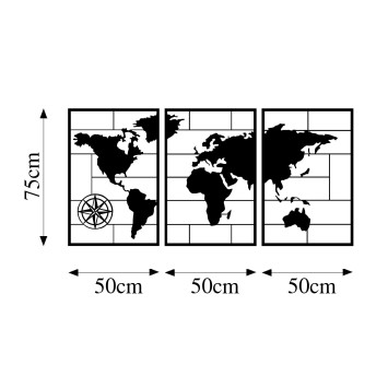 Decoración pared de metal World Map negro 50x75 cm (3 piezas)