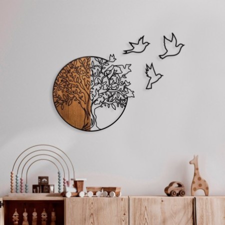 Decoración pared de madera Tree And Birds 2 nogal negro 60x56 cm