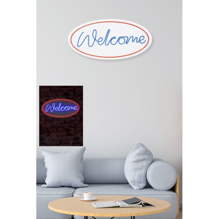 Iluminación LED decorativa de plástico Welcome rojo azul 29x58x2 cm