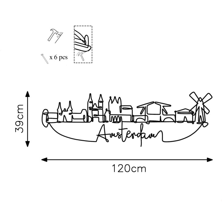 Decoración pared de metal Amsterdam negro 120x39x1.5 cm