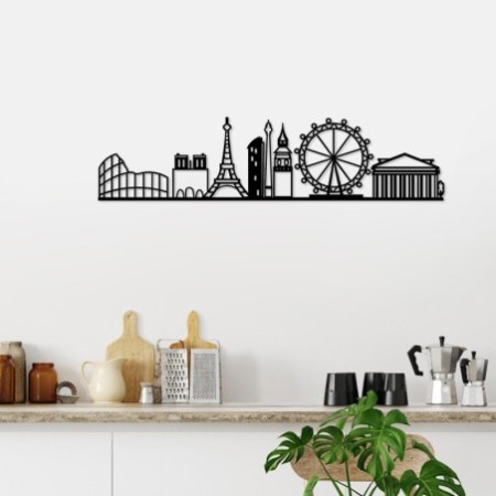 Decoración pared de metal European Cities Skyline negro 120x29 cm