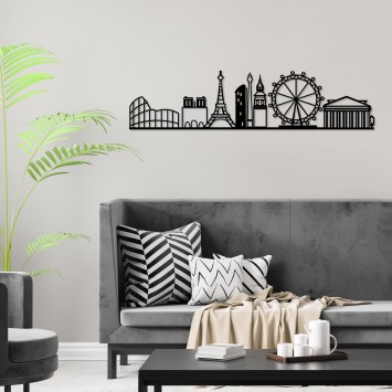 Decoración pared de metal European Cities Skyline negro 120x29 cm