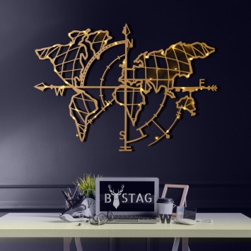 Decoración pared de metal World Map Compass Led oro 65x95 cm