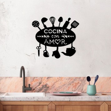 Decoración pared de metal Cocina Con Amor negro 49x1.5x43 cm