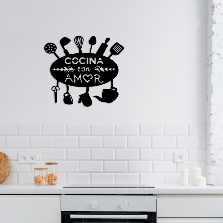 Decoración pared de metal Cocina Con Amor negro 49x1.5x43 cm